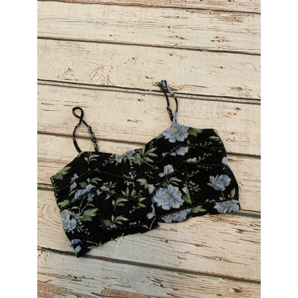 American Eagle Floral Crop Top Black Blue Pom Pom Trim Smocked Back Small
